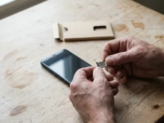 Puhelimen SIM-kortti ja korttipaikka lähikuvassa.