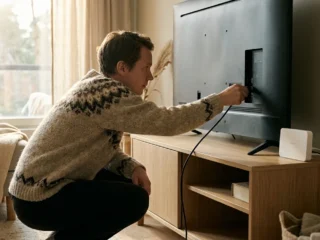 Katsoja tarkistaa television liitäntöjä kotona.