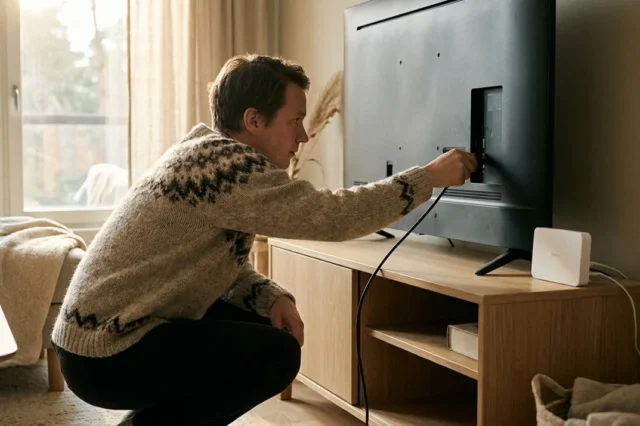 Katsoja tarkistaa television liitäntöjä kotona.