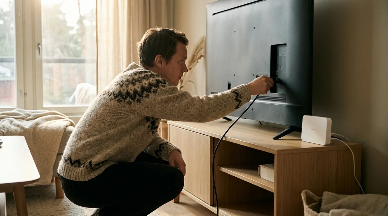 Katsoja tarkistaa television liitäntöjä kotona.