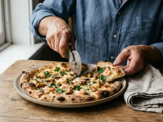 Mereneläviä sisältävä pizza ravintolapöydällä.