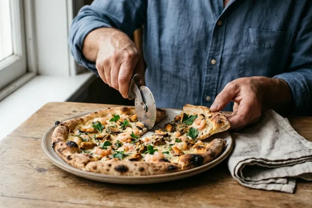 Mereneläviä sisältävä pizza ravintolapöydällä.