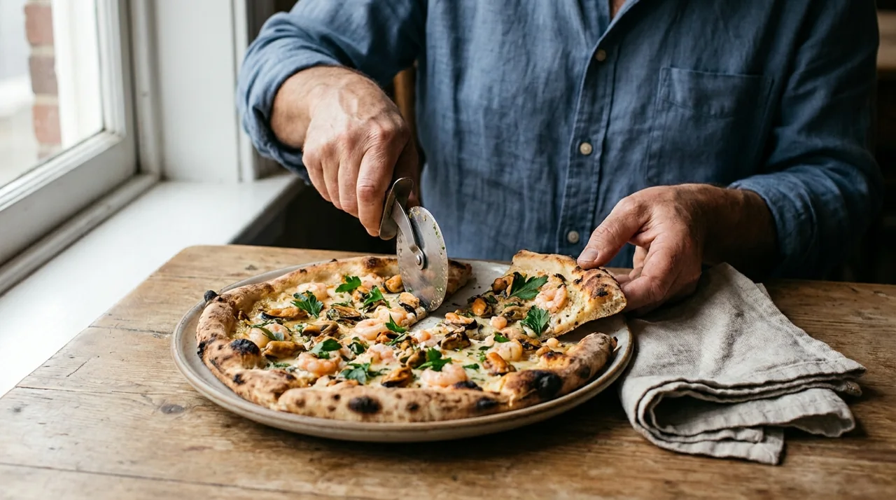 Mereneläviä sisältävä pizza ravintolapöydällä.