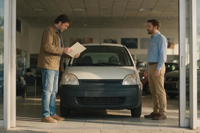 Autoilija tutustuu leasingauton asiakirjoihin.
