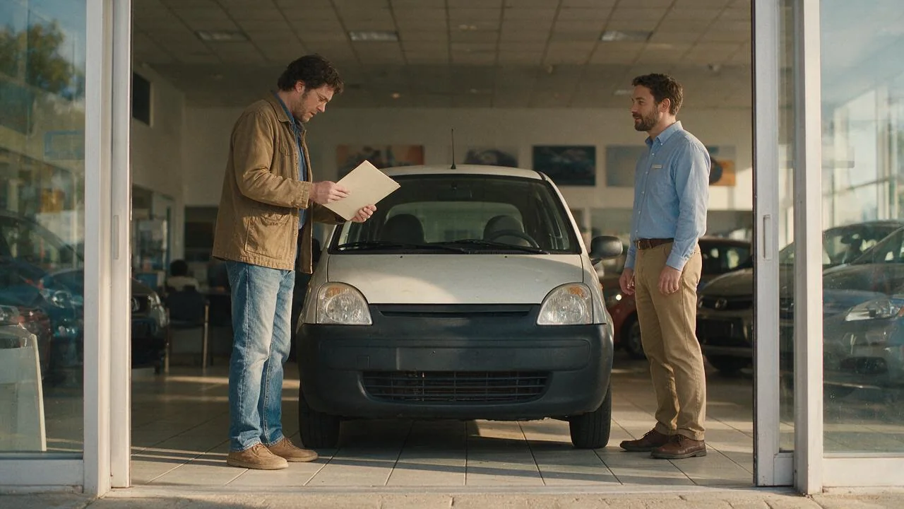 Autoilija tutustuu leasingauton asiakirjoihin.