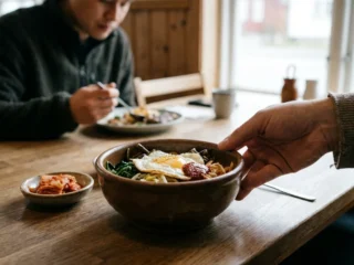Korealainen lounas tarjottimella ravintolassa.