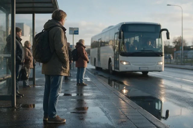 Matkustaja odottaa linja-autoa pysäkillä.