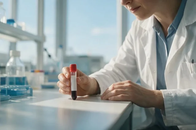 Terveydenhuollon ammattilainen tarkastelee näytettä laboratoriossa.