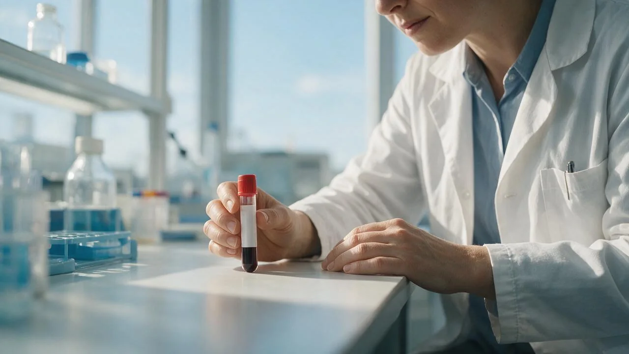 Terveydenhuollon ammattilainen tarkastelee näytettä laboratoriossa.