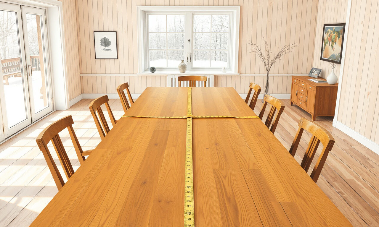 Pitkä suorakulmainen ruokapöytä kahdeksalla tuolilla avarassa ruokailuhuoneessa, mittanauha pöydän päällä