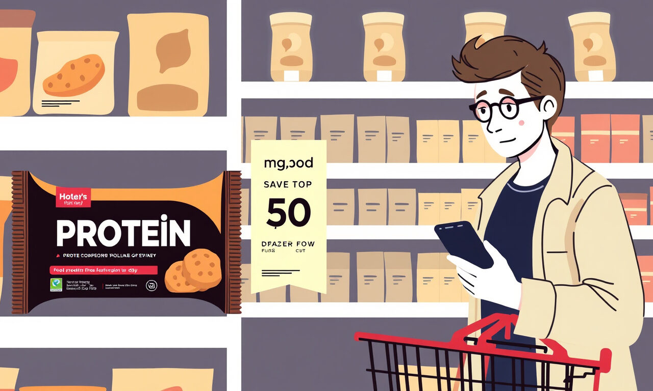 Proteiinipatukka hyllyllä alennustunnoksen vierellä, ostaja vertaa hintoja puhelimella