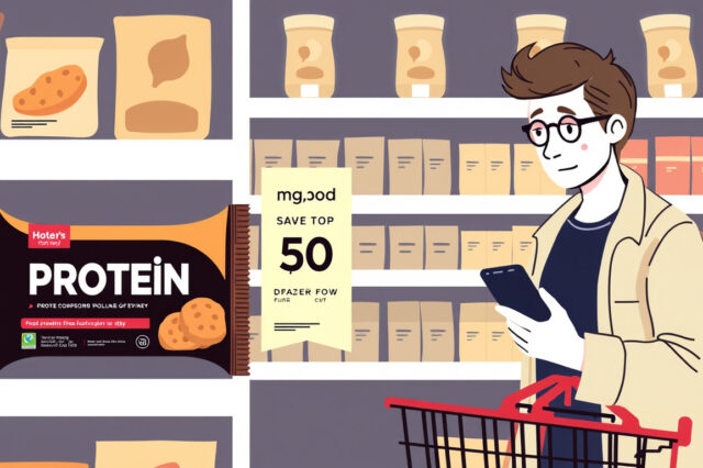 Proteiinipatukka hyllyllä alennustunnoksen vierellä, ostaja vertaa hintoja puhelimella